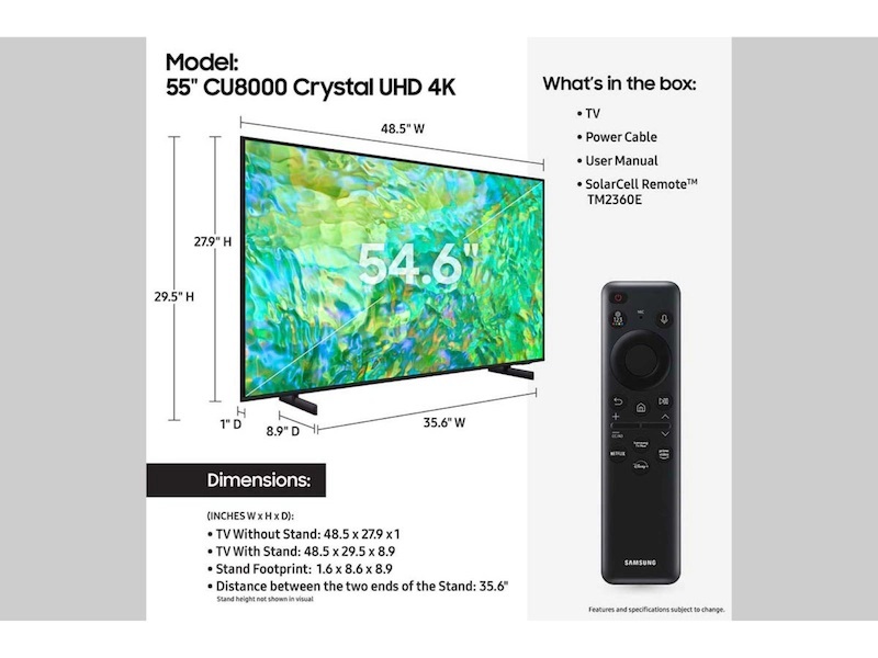  اندازه و سایز تلویزیون فورکی سامسونگ اسمارت مدل 55CU8000 